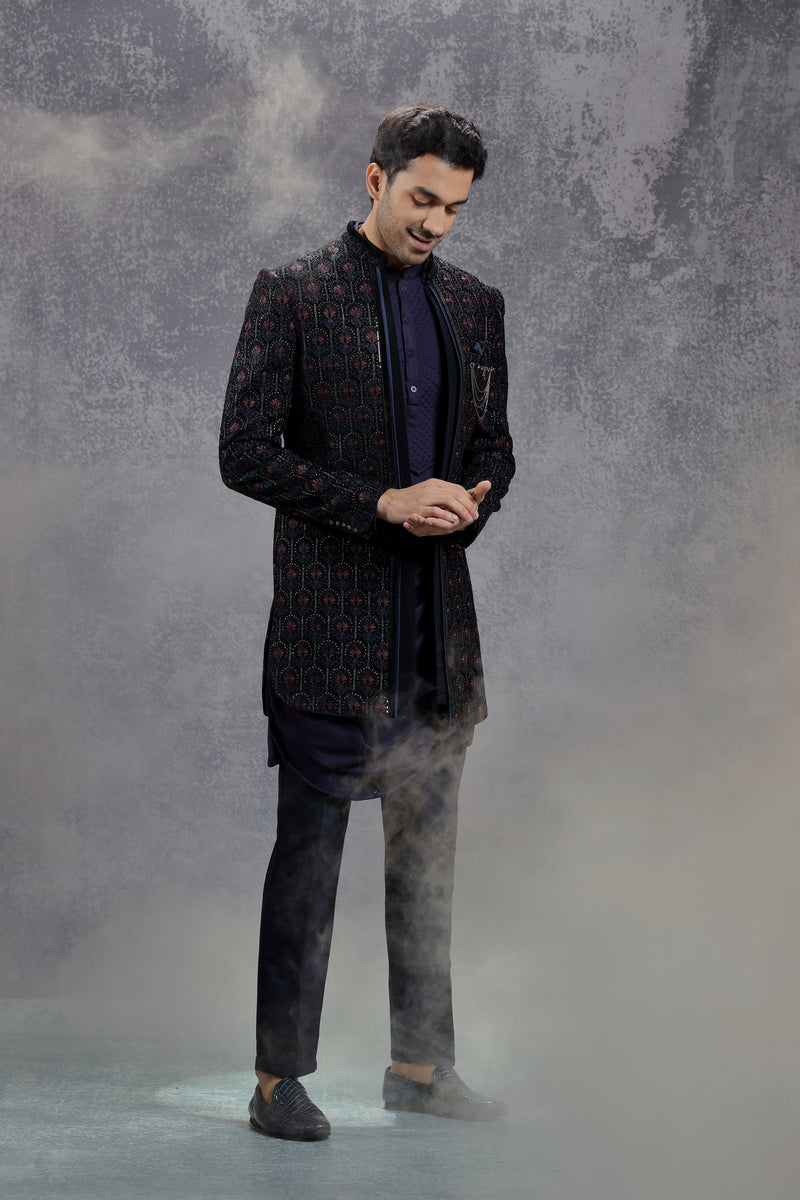 Dark Blue Silk Indowestern With Floral Embroidery