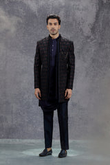 Dark Blue Silk Indowestern With Floral Embroidery