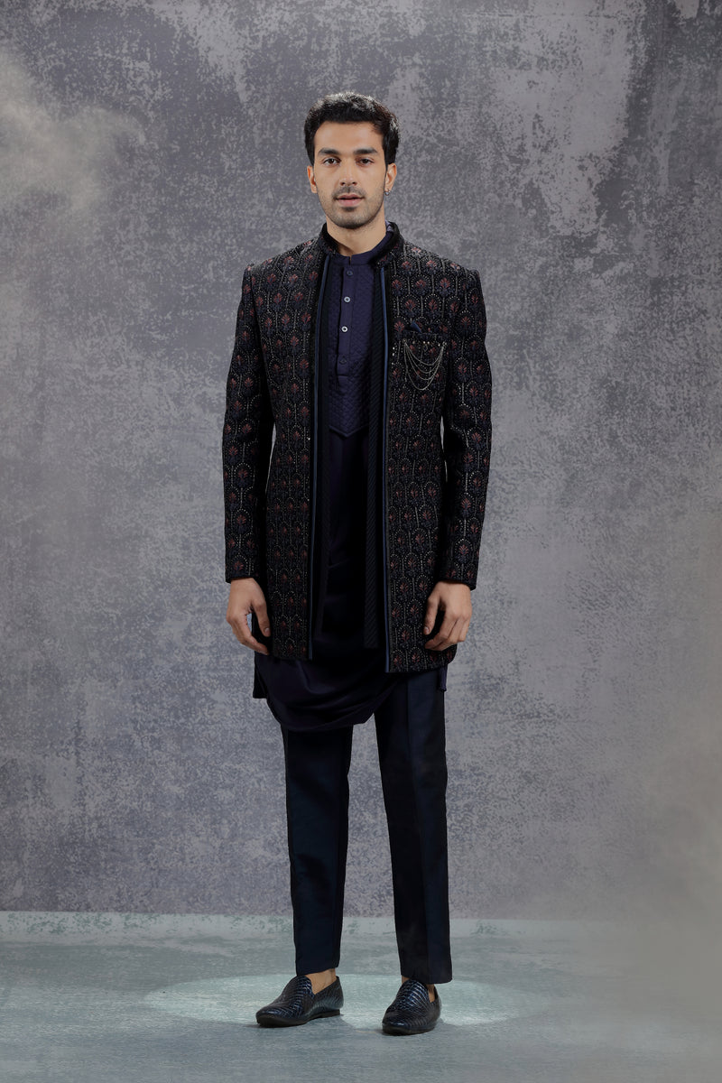 Dark Blue Silk Indowestern With Floral Embroidery