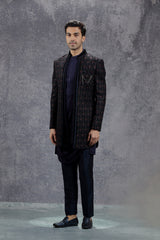 Dark Blue Silk Indowestern With Floral Embroidery