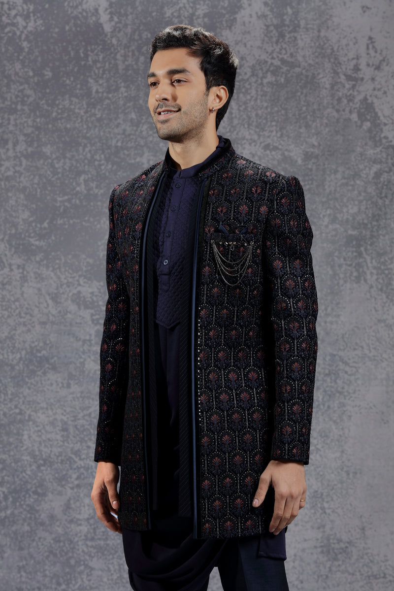 Dark Blue Silk Indowestern With Floral Embroidery