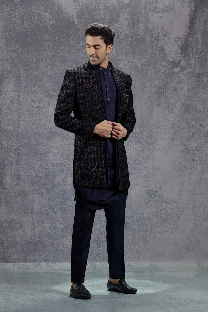 Dark Blue Silk Indowestern With Floral Embroidery