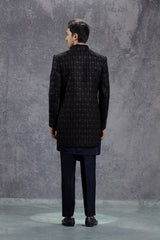 Dark Blue Silk Indowestern With Floral Embroidery