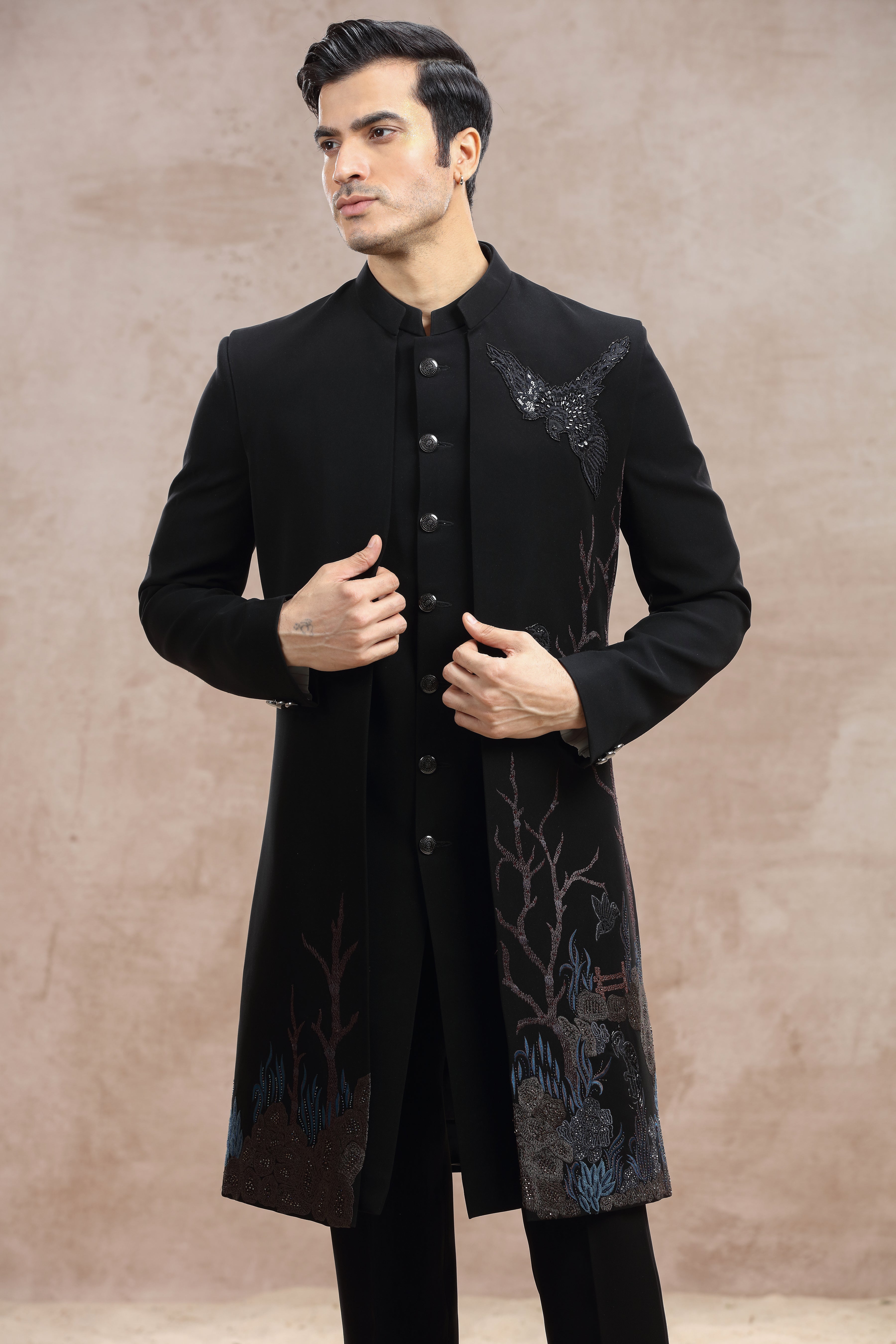 Black Silk Indo Western with Jungle Theme Thread Work