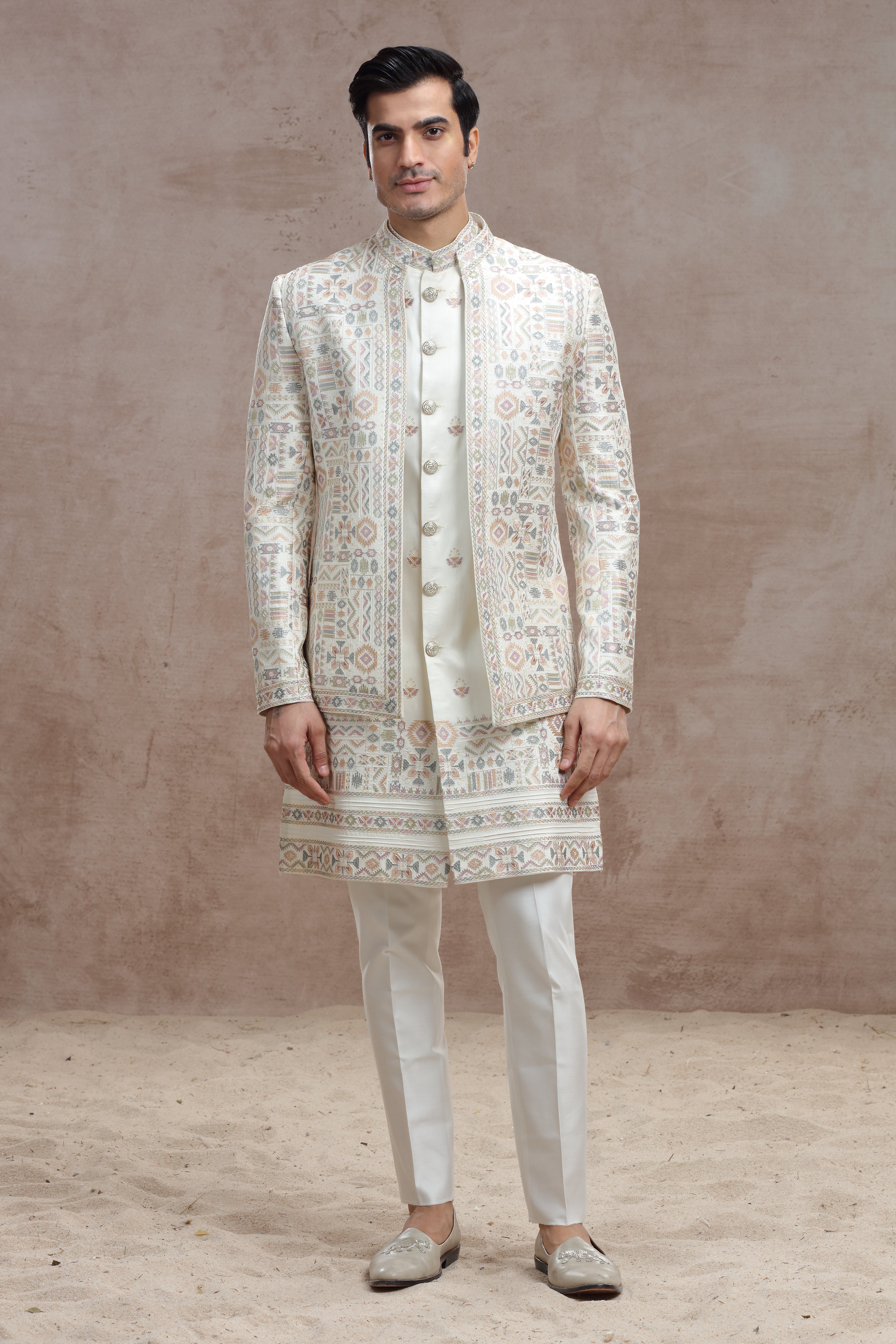 Ivory Silk Indo Western with Geometric Thread Work