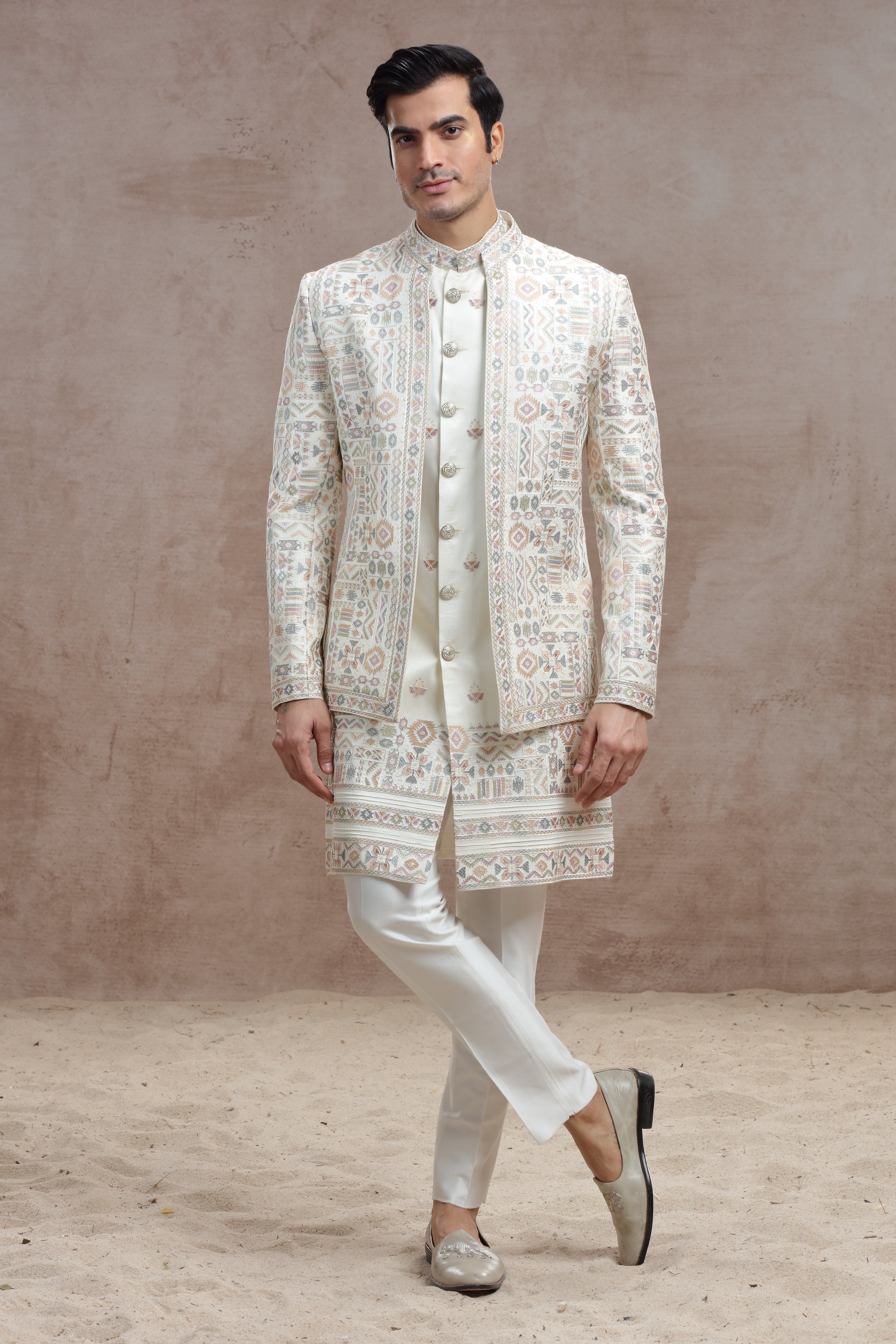 Ivory Silk Indo Western with Geometric Thread Work