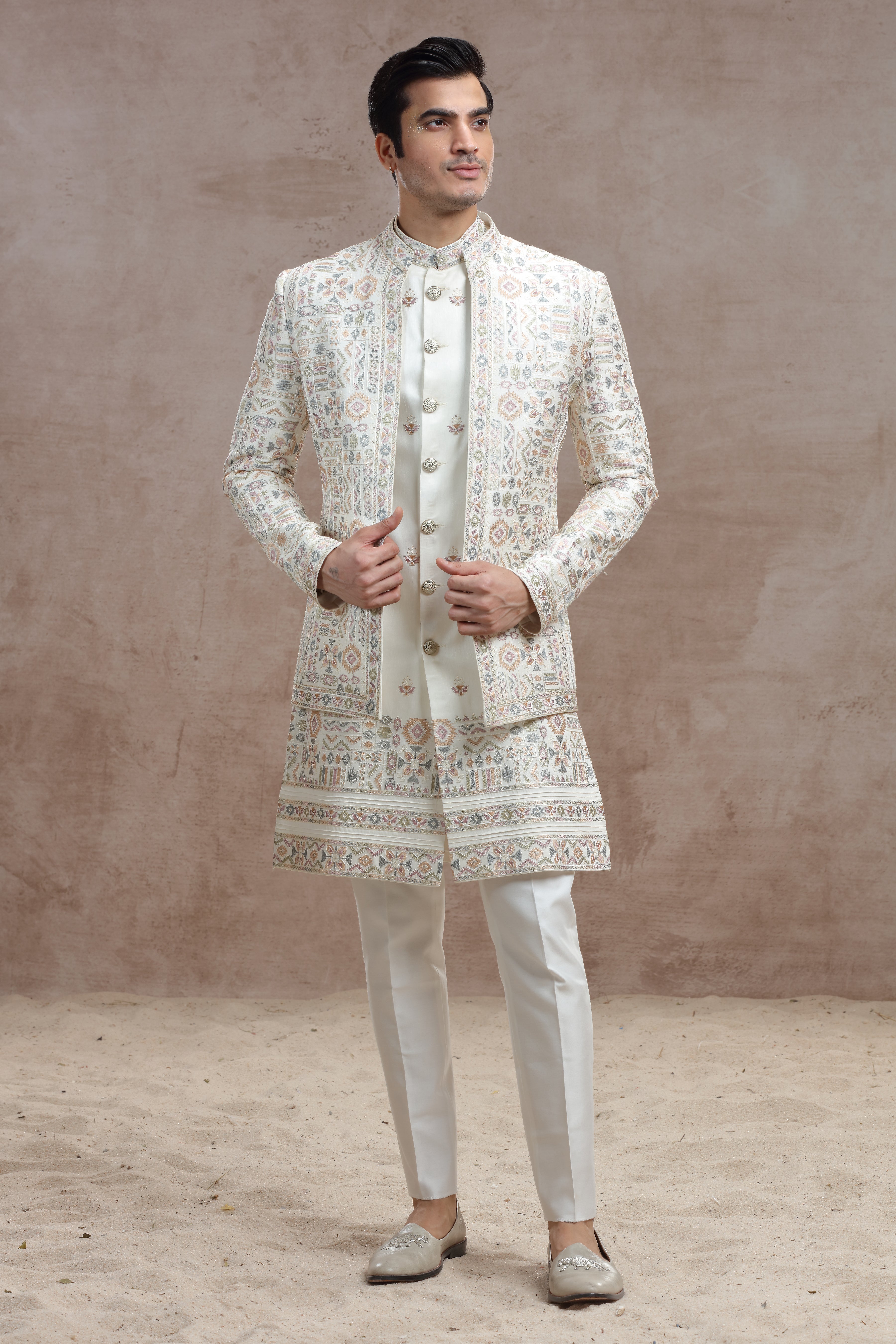 Ivory Silk Indo Western with Geometric Thread Work