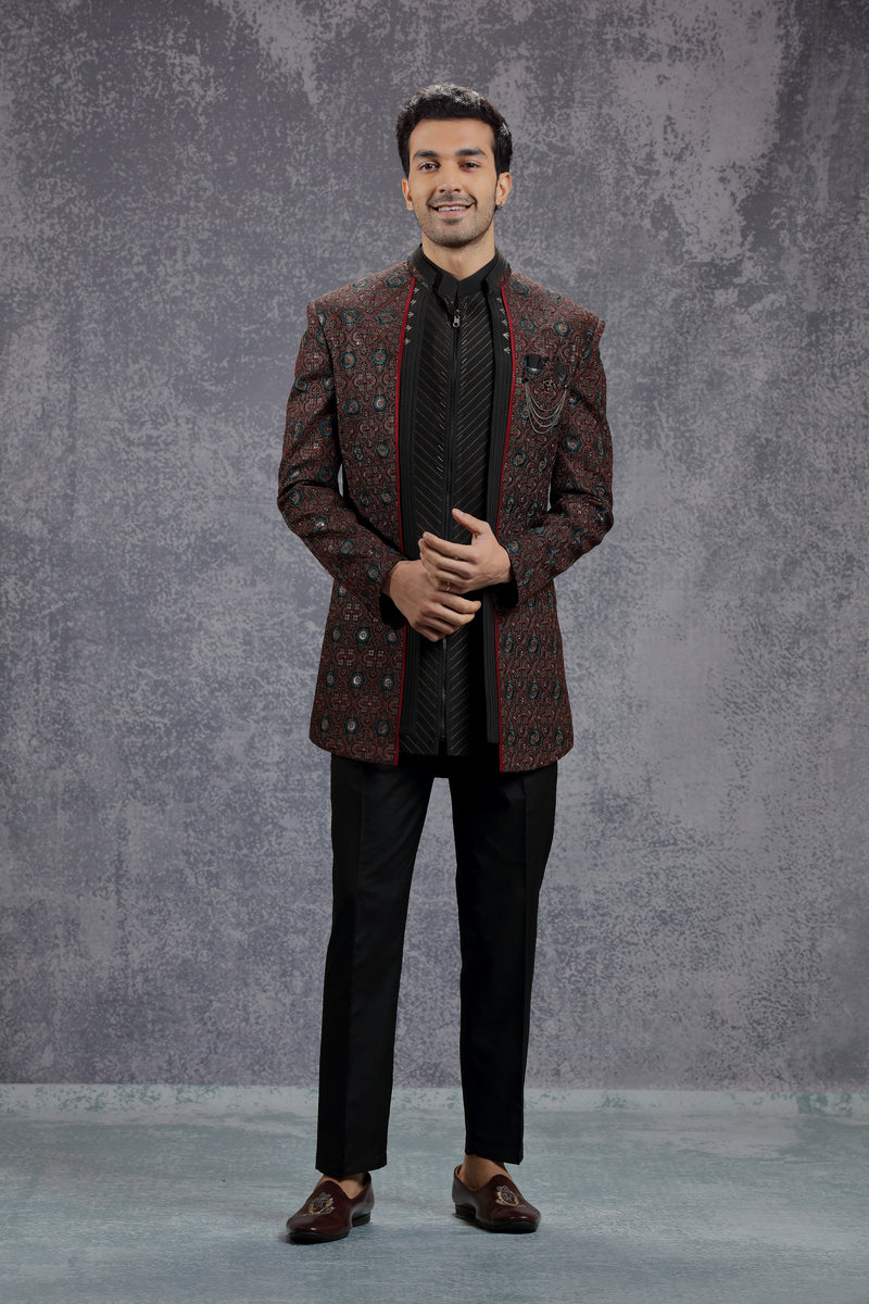 Red/Black Indowestern Set with Traditional Motif