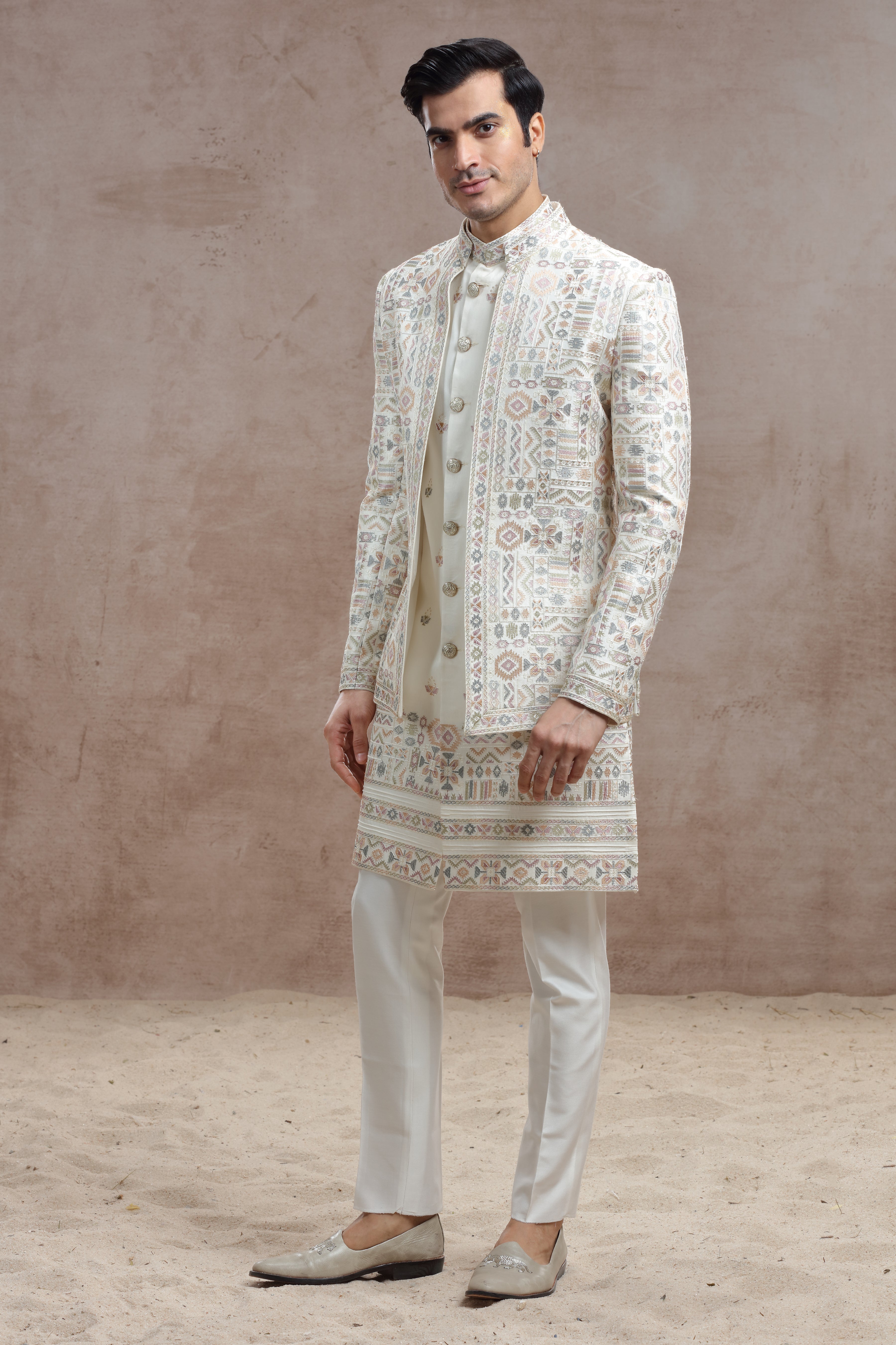 Ivory Silk Indo Western with Geometric Thread Work