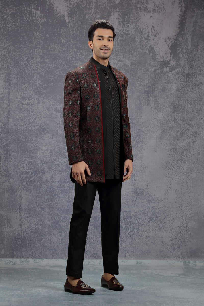 Red/Black Indowestern Set with Traditional Motif