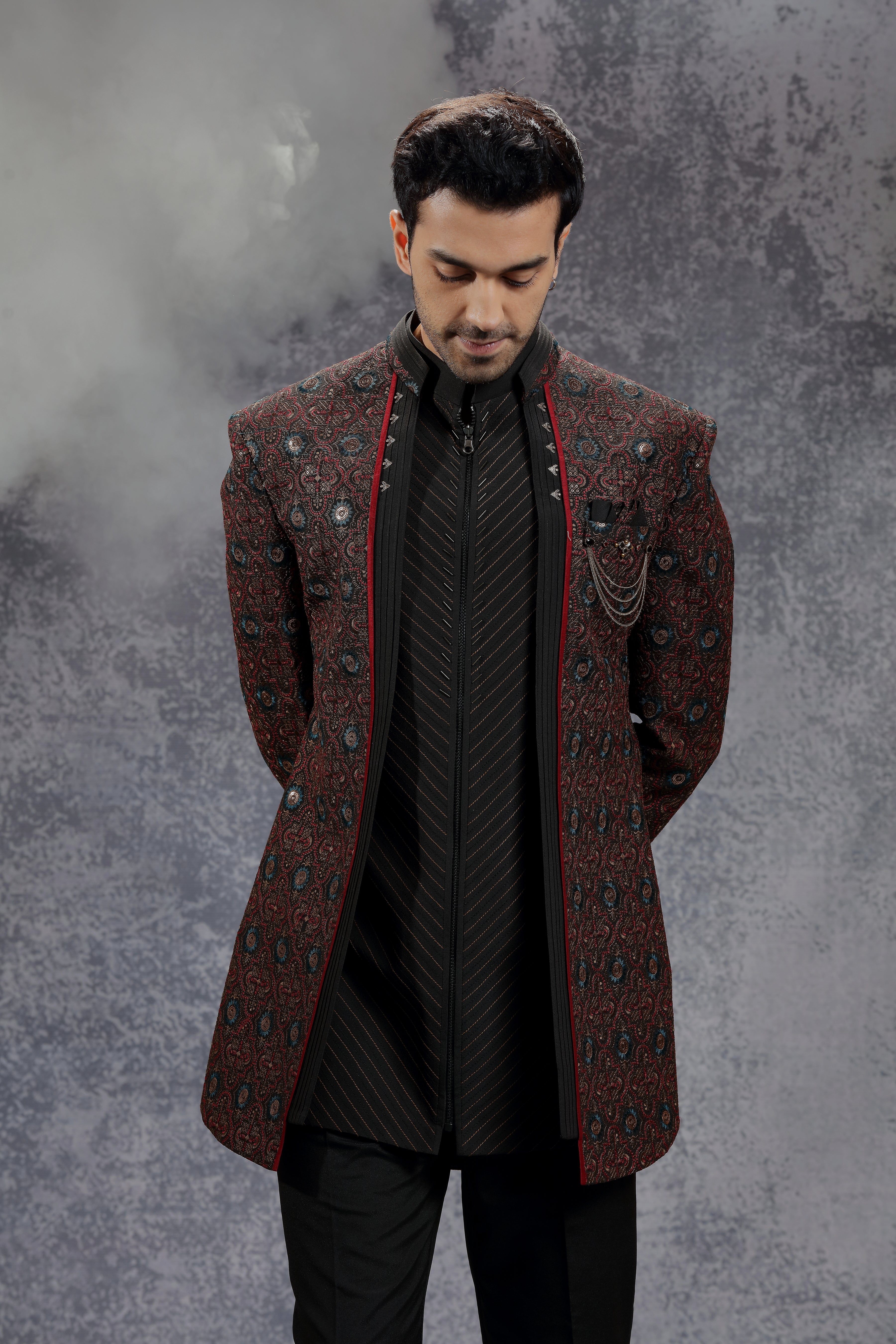 Red/Black Indowestern Set with Traditional Motif - Shreeman