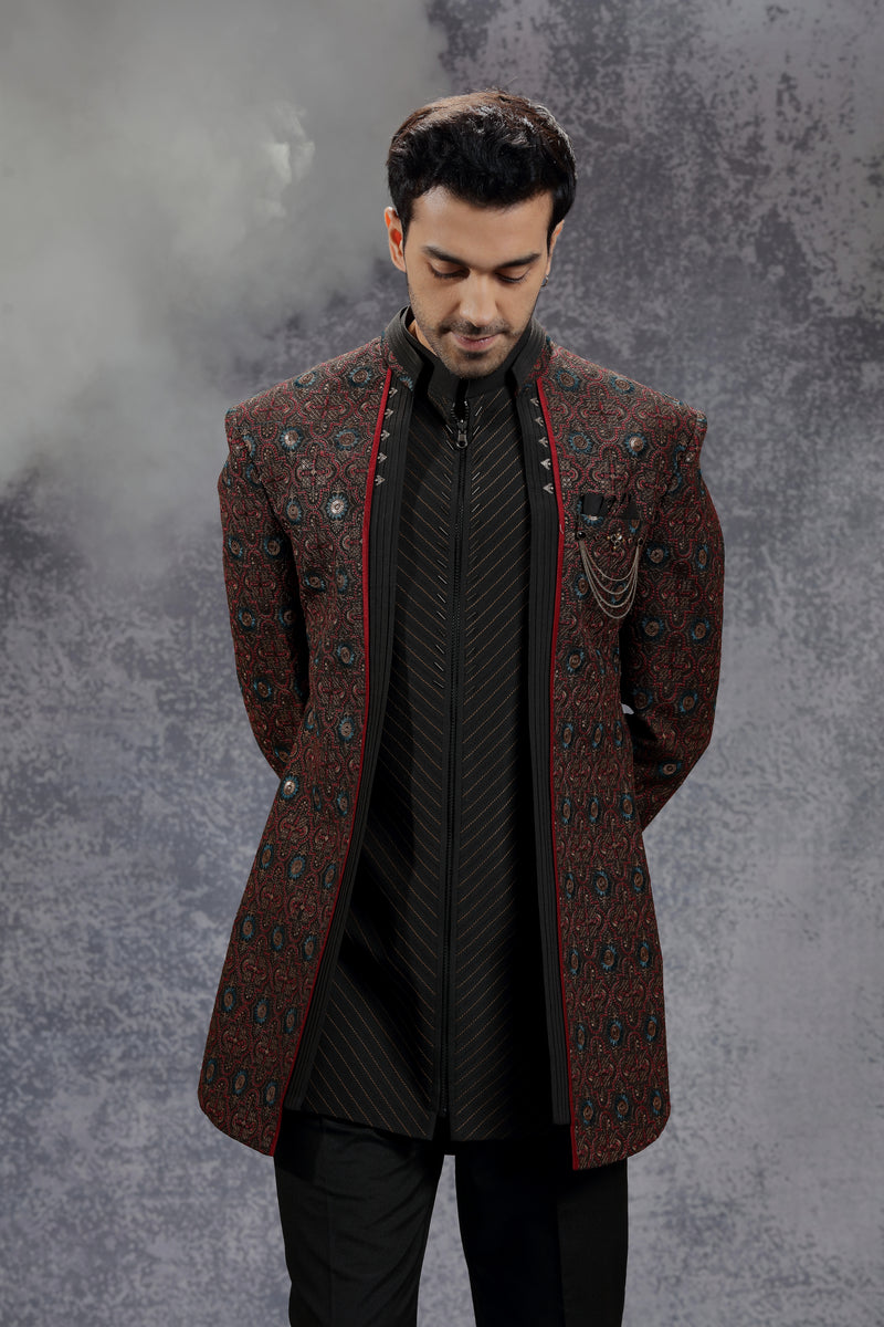 Red/Black Indowestern Set with Traditional Motif