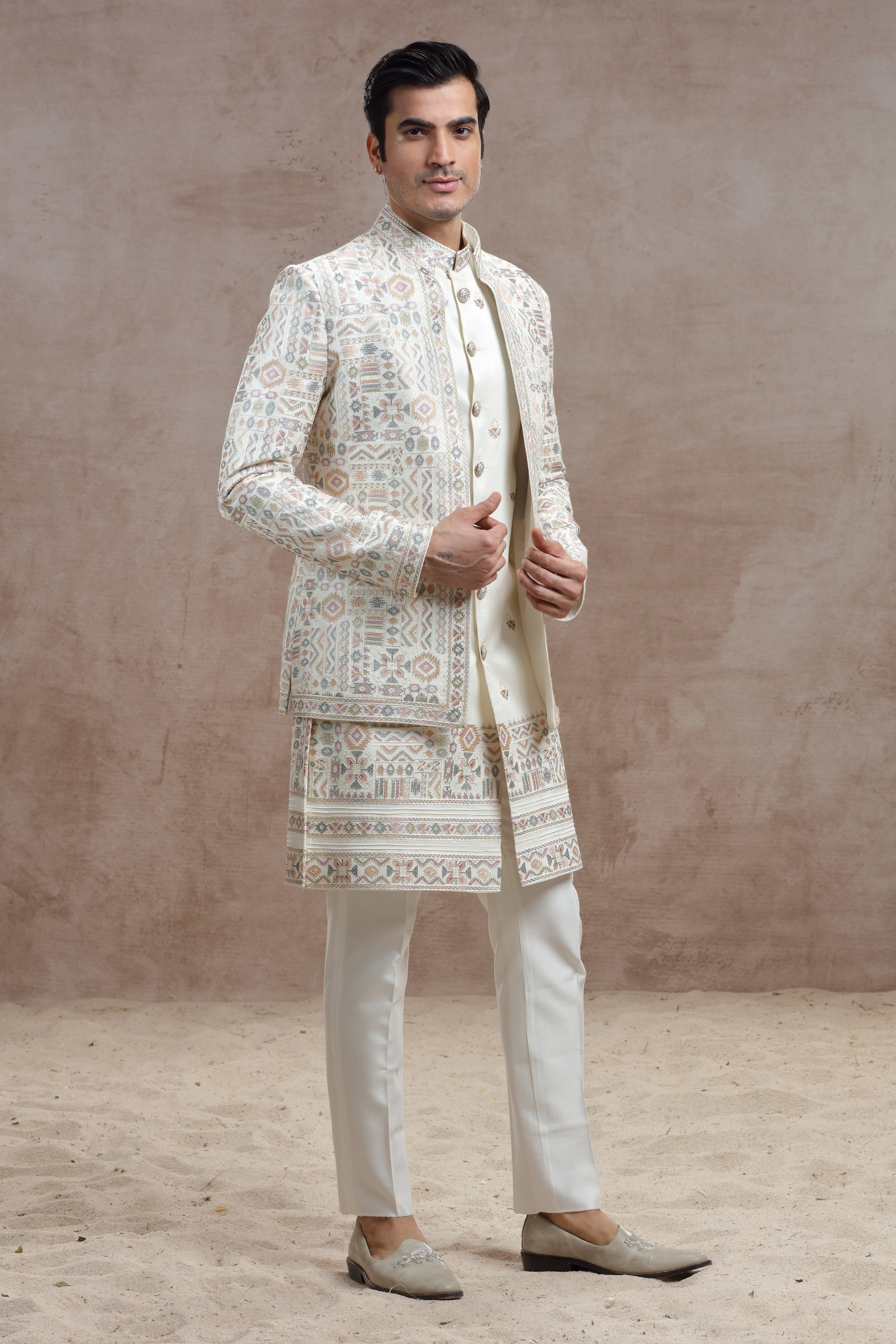 Ivory Silk Indo Western with Geometric Thread Work