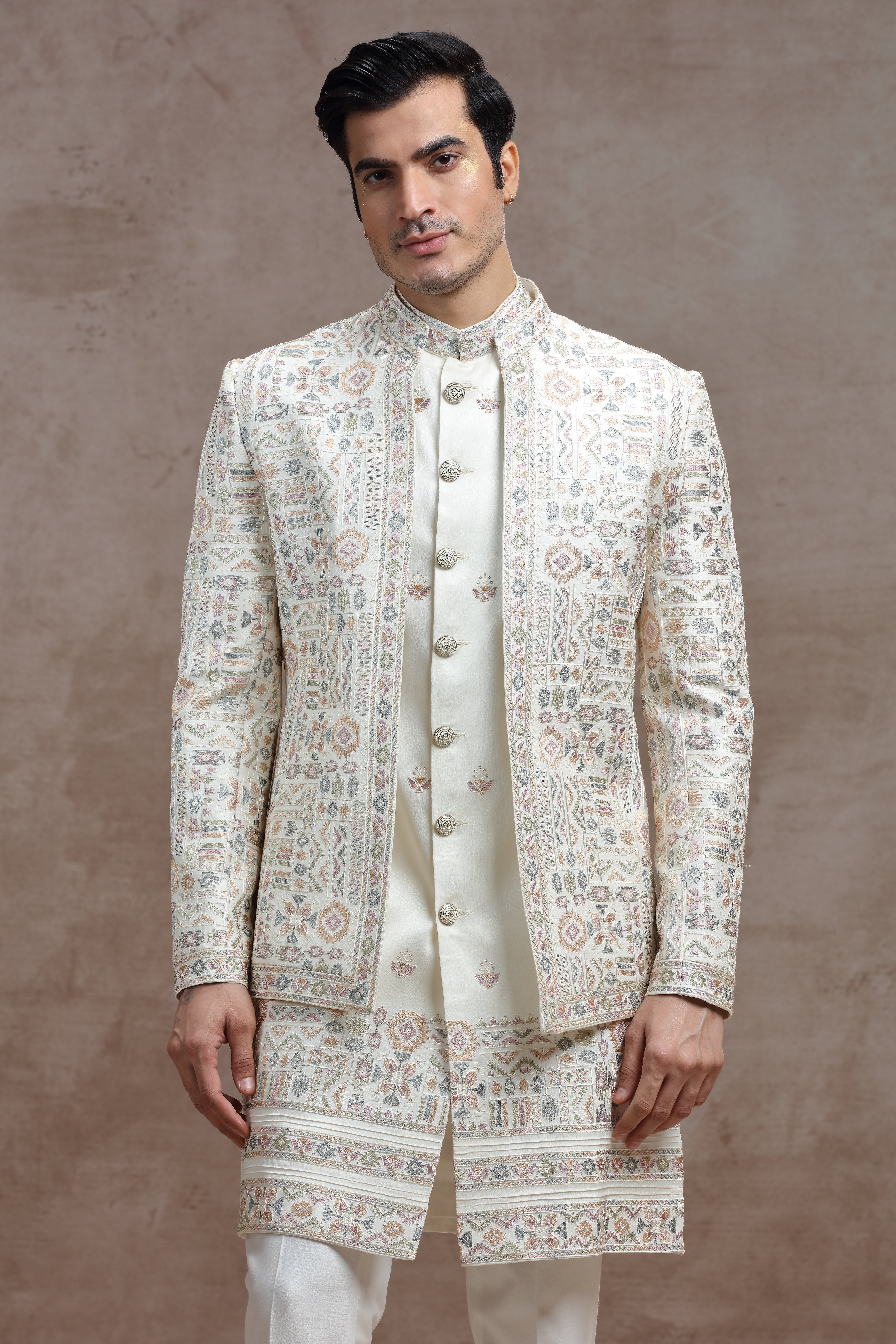 Ivory Silk Indo Western with Geometric Thread Work