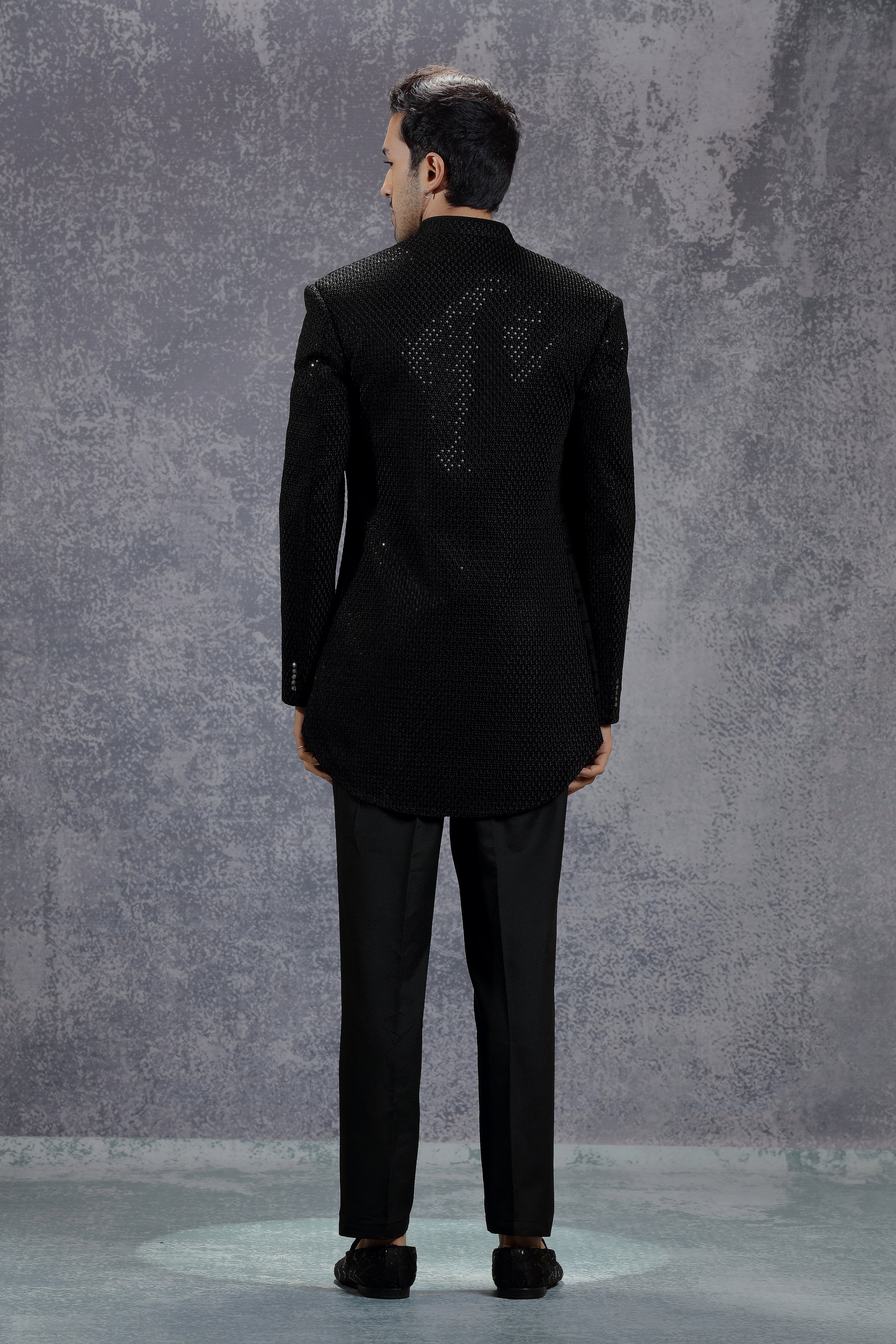 Black Indowestern Jacket Set with Self Embroidery - Shreeman