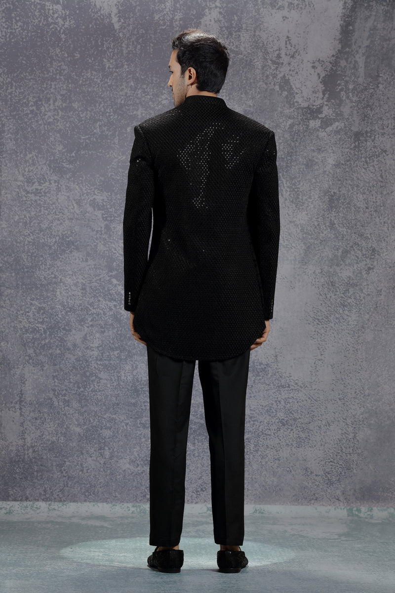 Black Indowestern Jacket Set with Self Embroidery