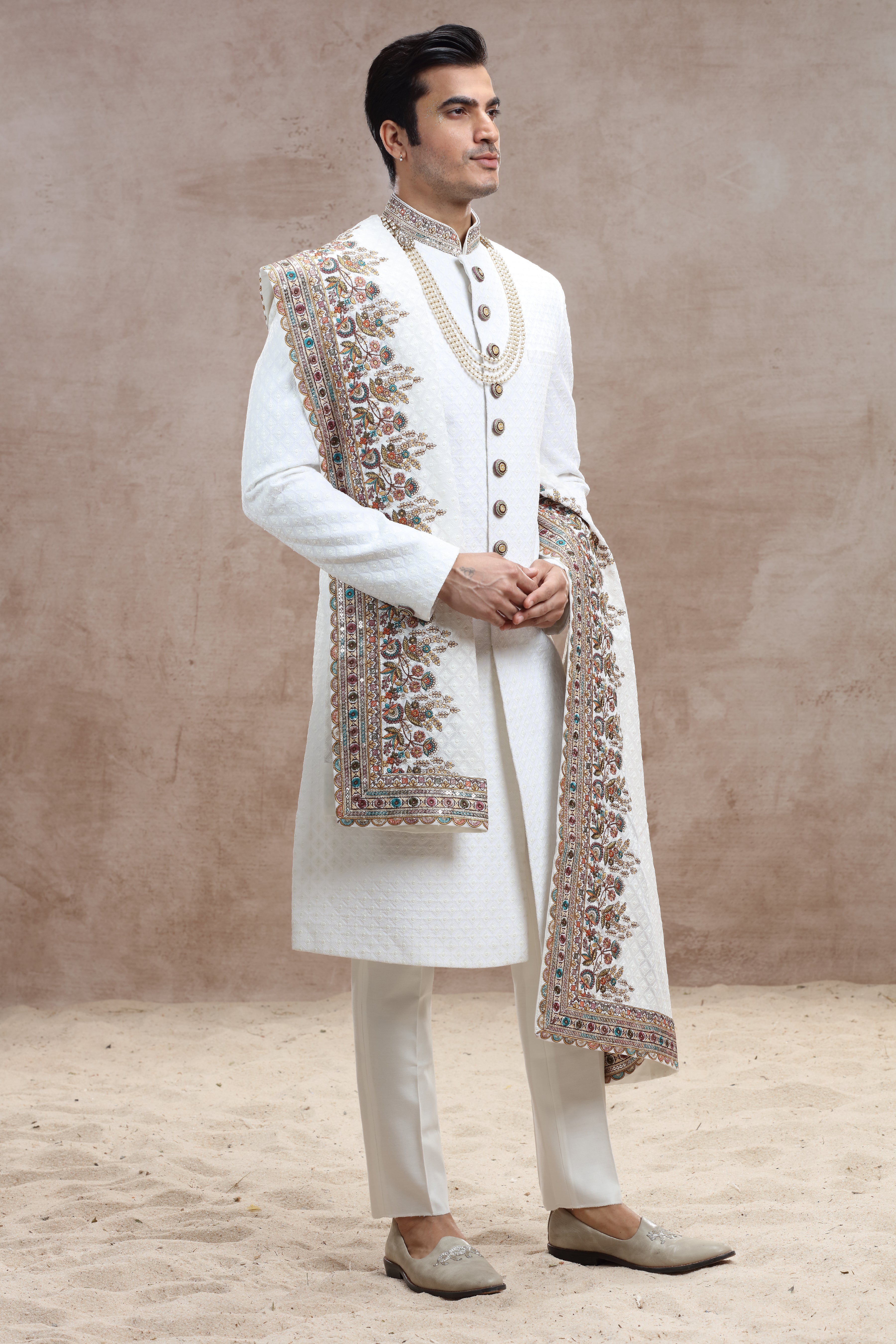 White Silk Sherwani with Chikankari & Thread Work