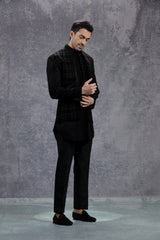 Black Indowestern Jacket Set with Self Embroidery