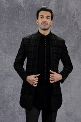 Black Indowestern Jacket Set with Self Embroidery