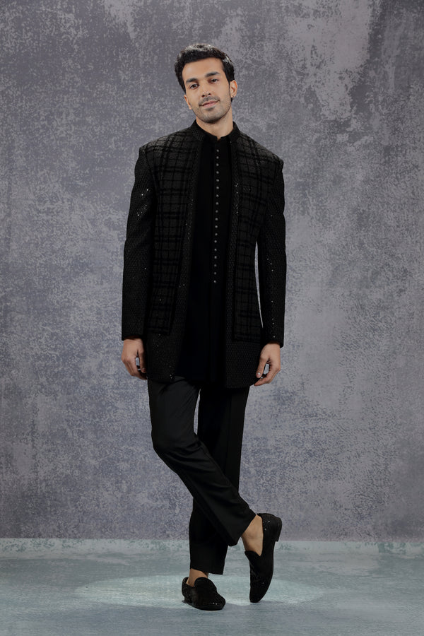 Black Indowestern Jacket Set with Self Embroidery