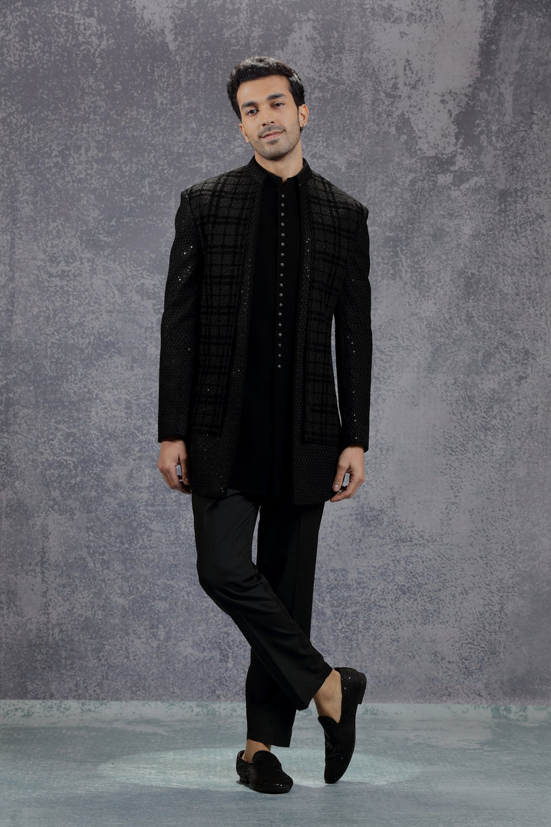Black Indowestern Jacket Set with Self Embroidery