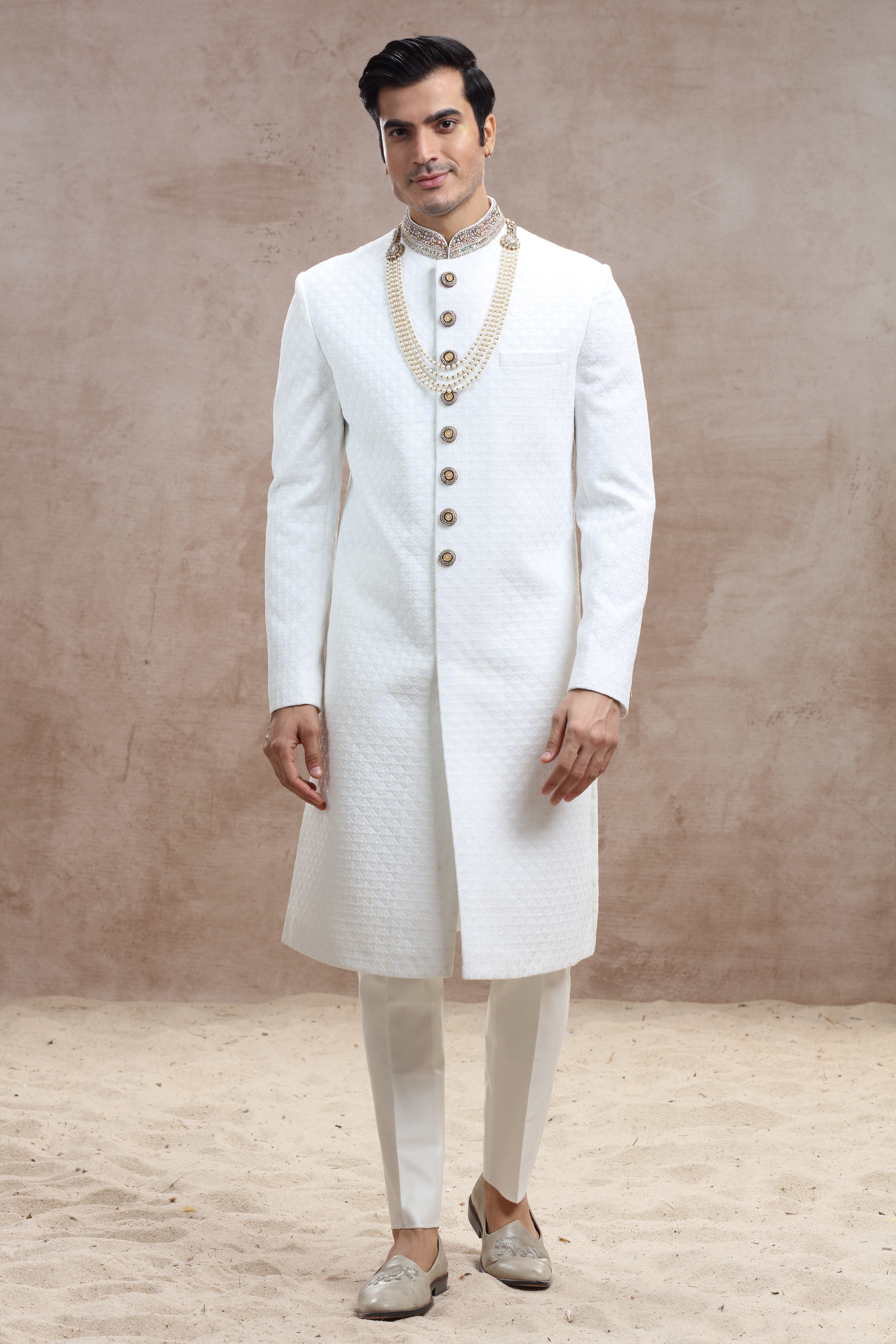 White Silk Sherwani with Chikankari & Thread Work