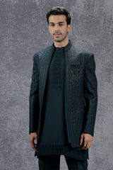 Deep Sea Blue Indowestern Jacket Set with Geometric Embroidery