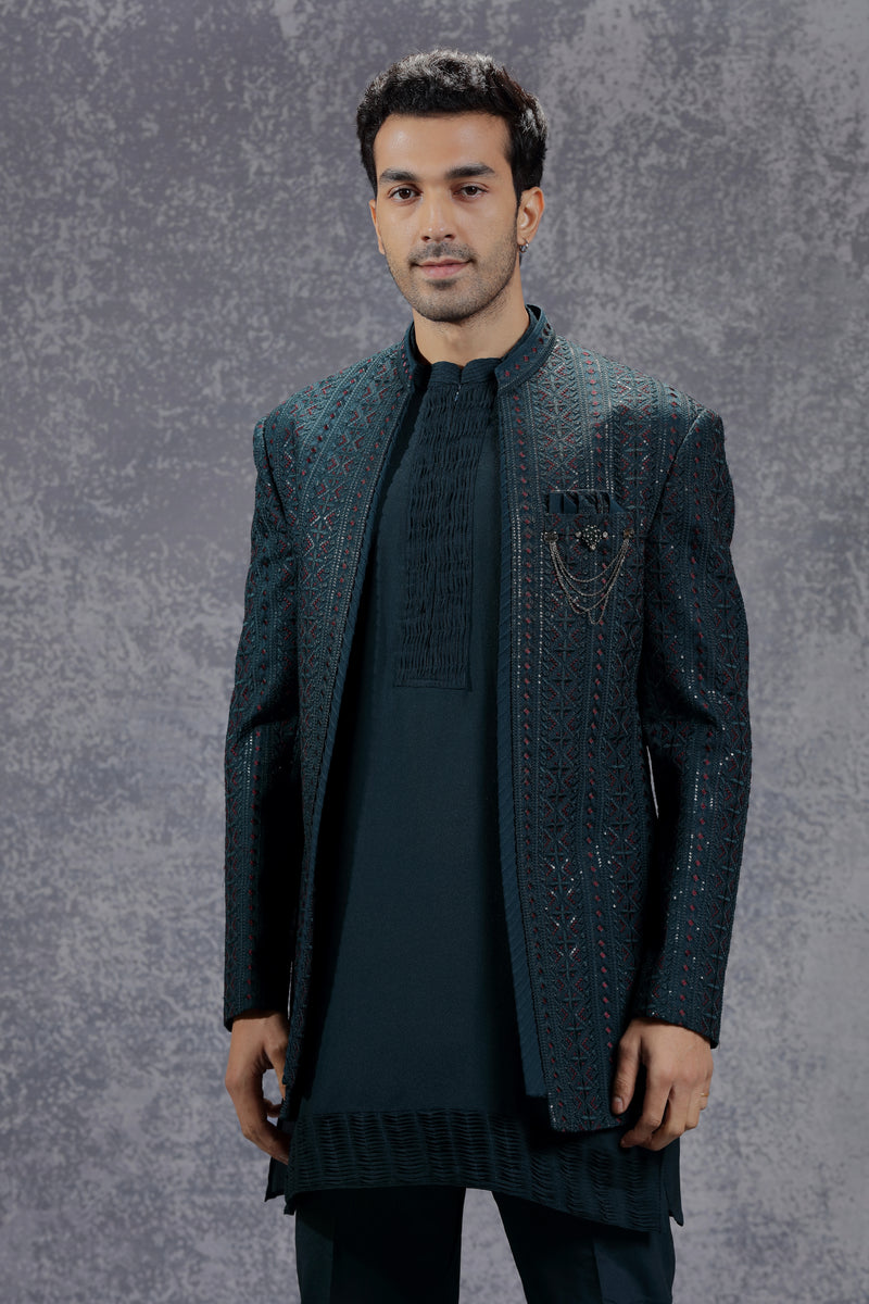Deep Sea Blue Indowestern Jacket Set with Geometric Embroidery