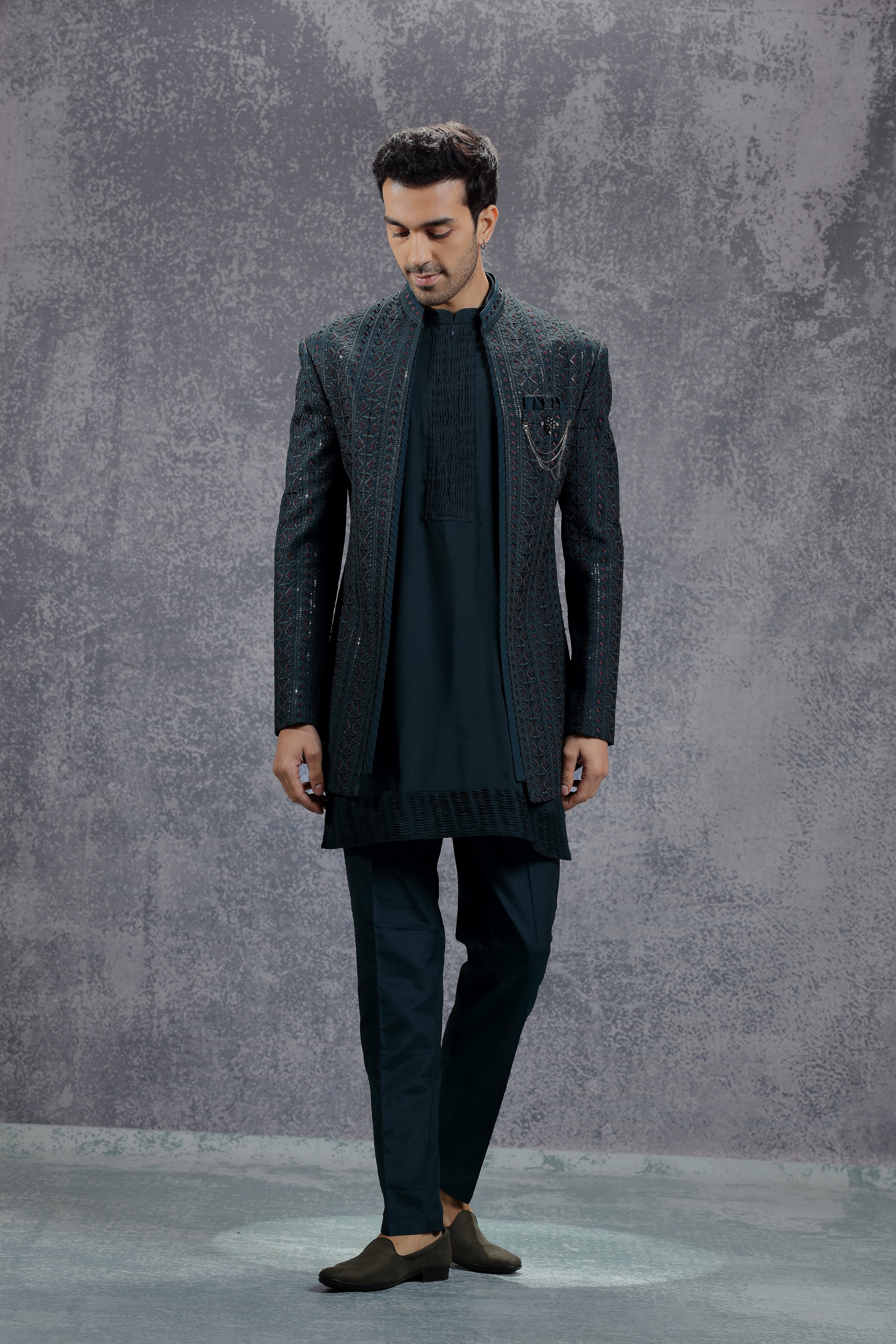 Deep Sea Blue Indowestern Jacket Set with Geometric Embroidery - Shreeman