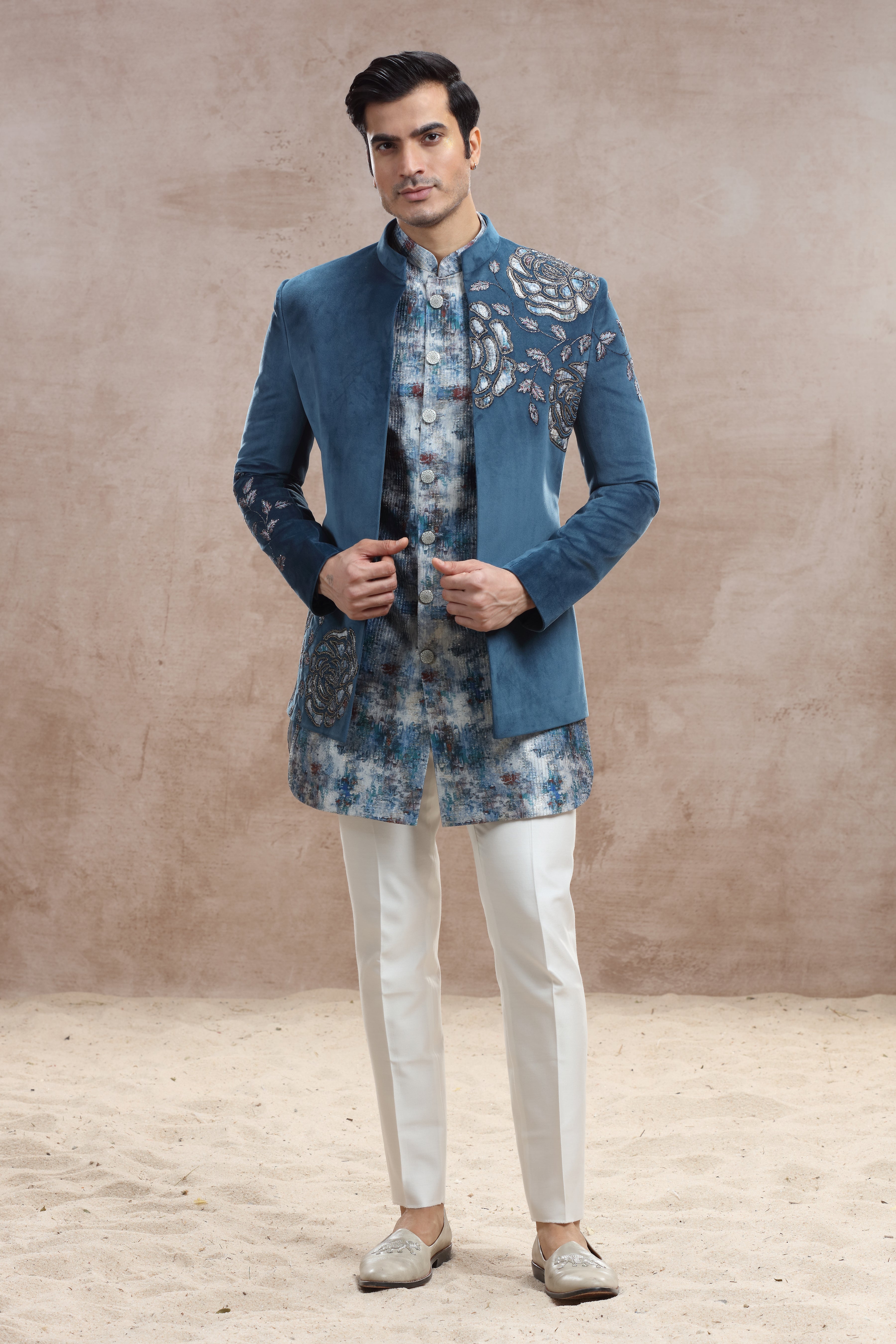 Blue Velvet Indo Western with Applique Work