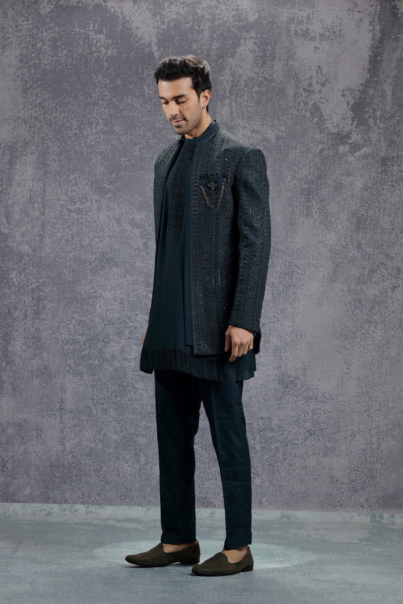 Deep Sea Blue Indowestern Jacket Set with Geometric Embroidery