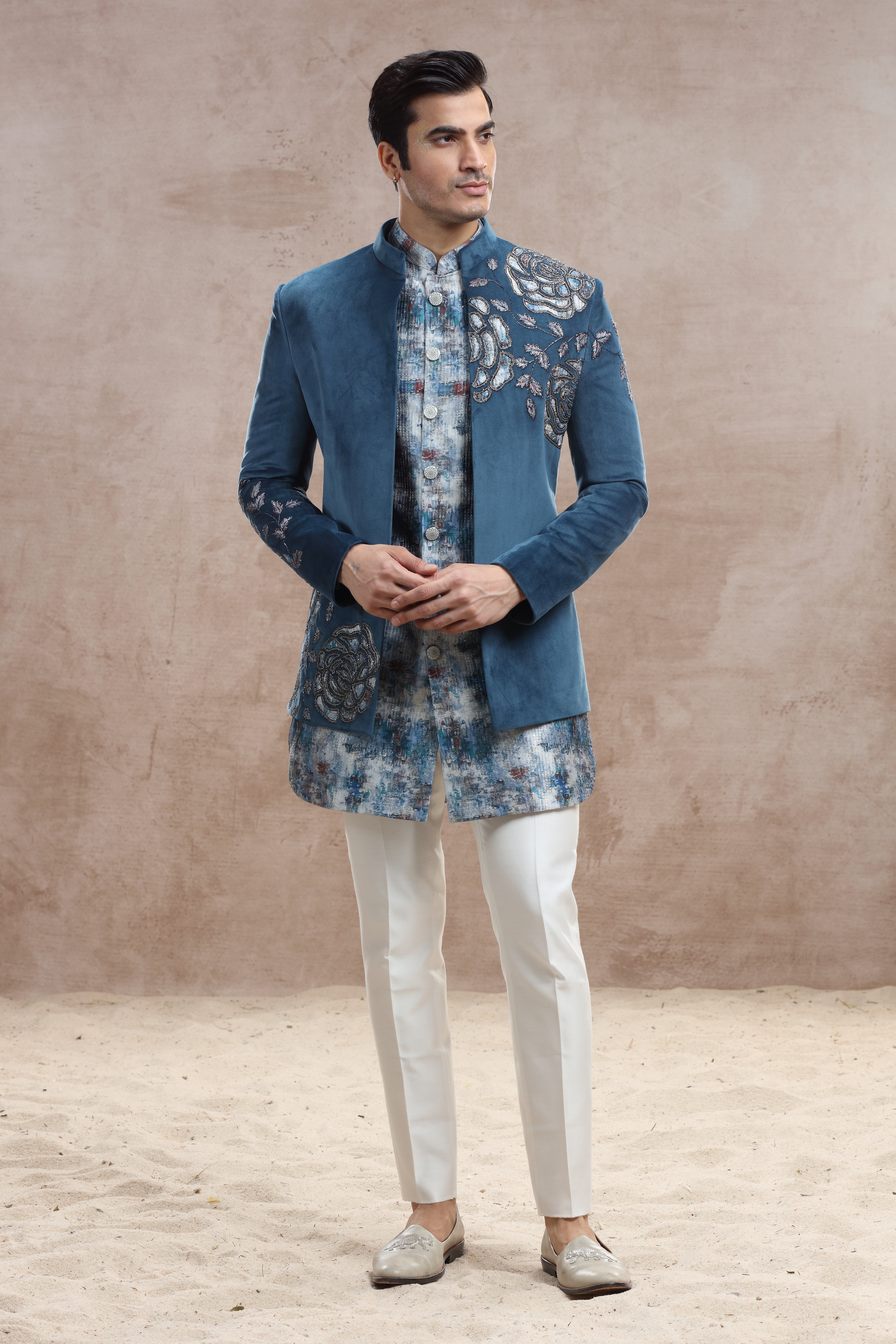 Blue Velvet Indo Western with Applique Work