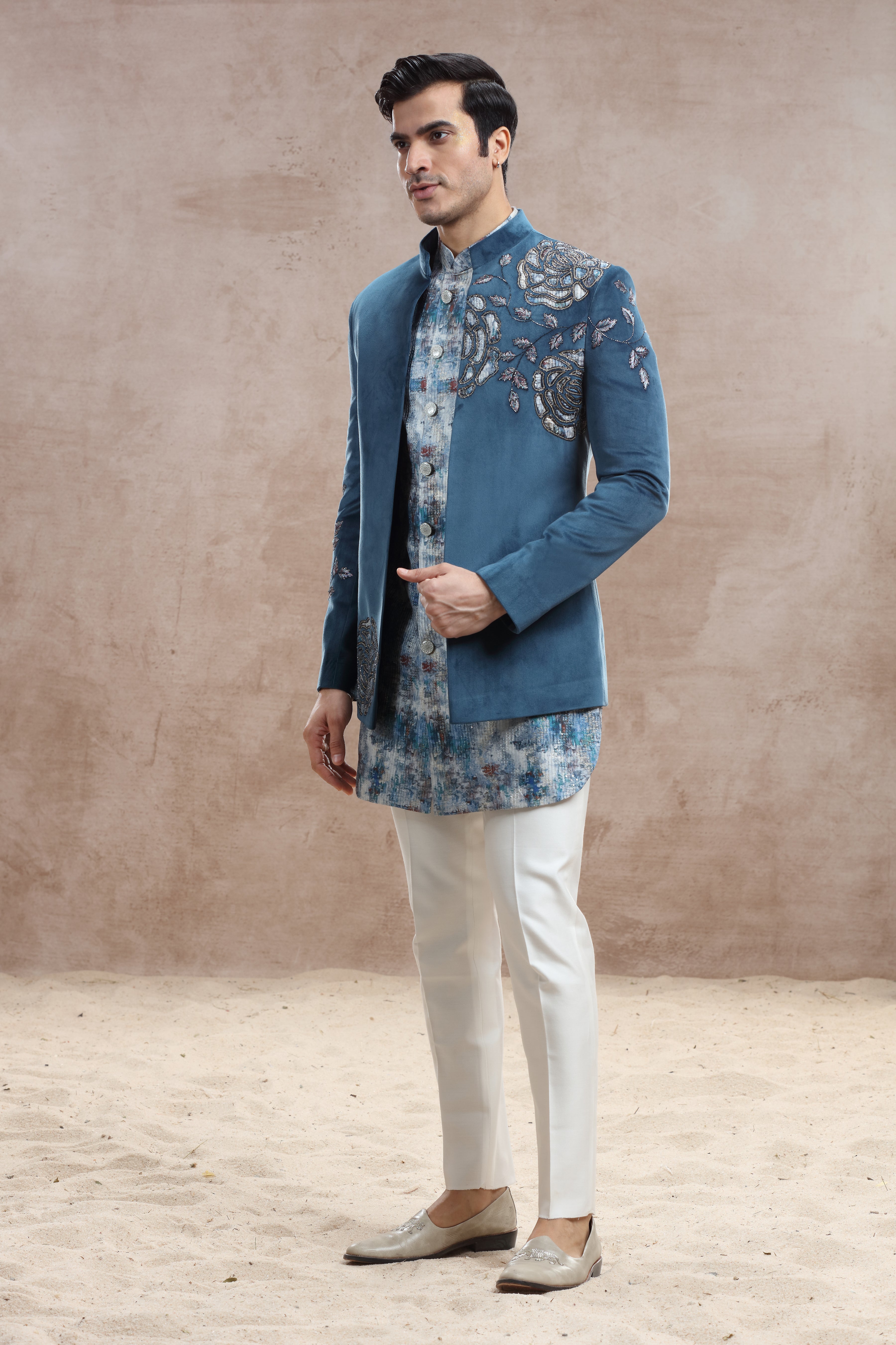 Blue Velvet Indo Western with Applique Work