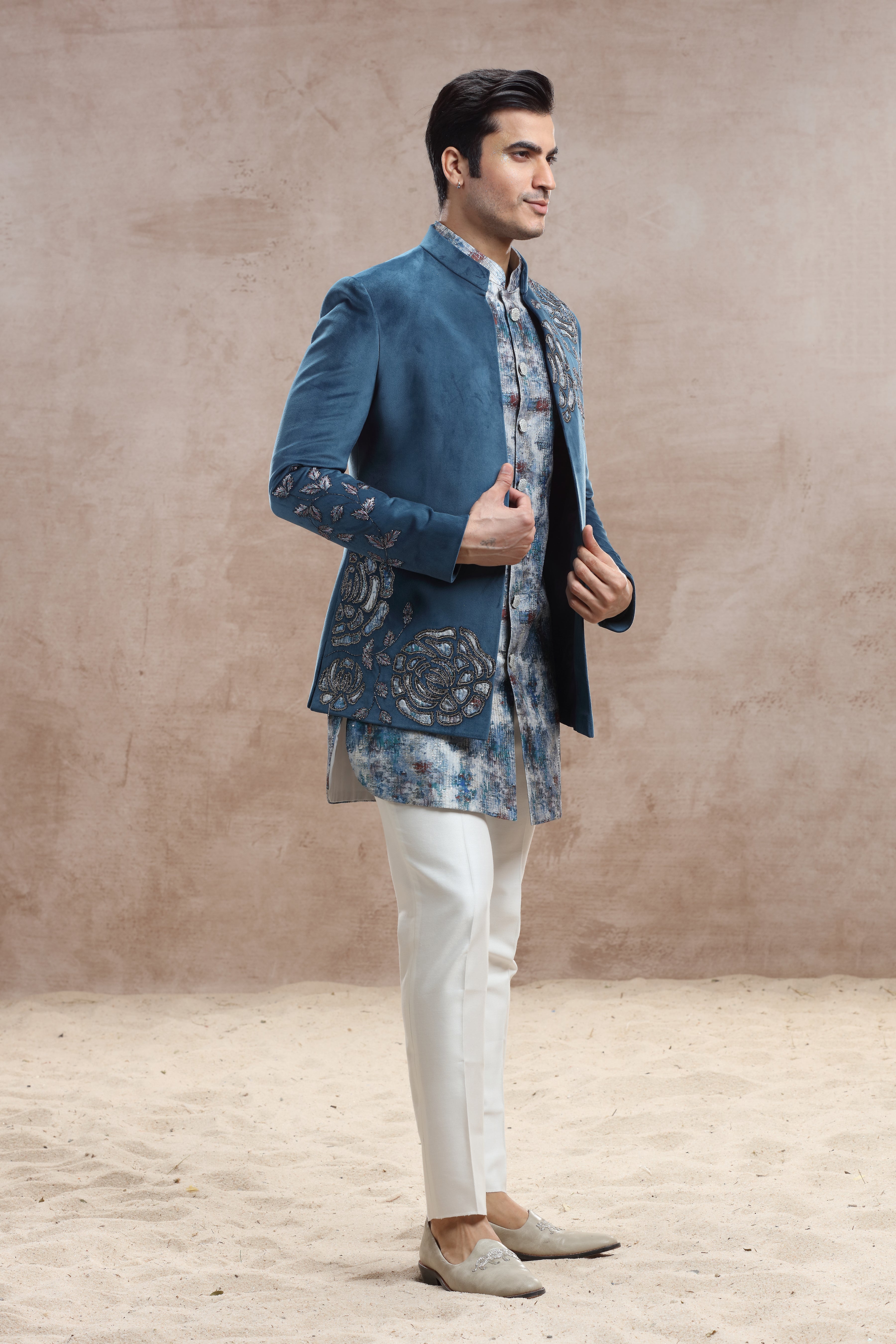 Blue Velvet Indo Western with Applique Work