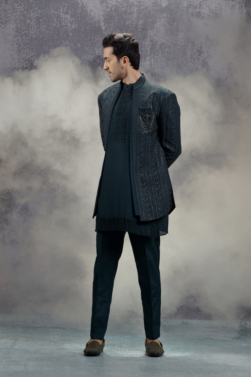 Deep Sea Blue Indowestern Jacket Set with Geometric Embroidery