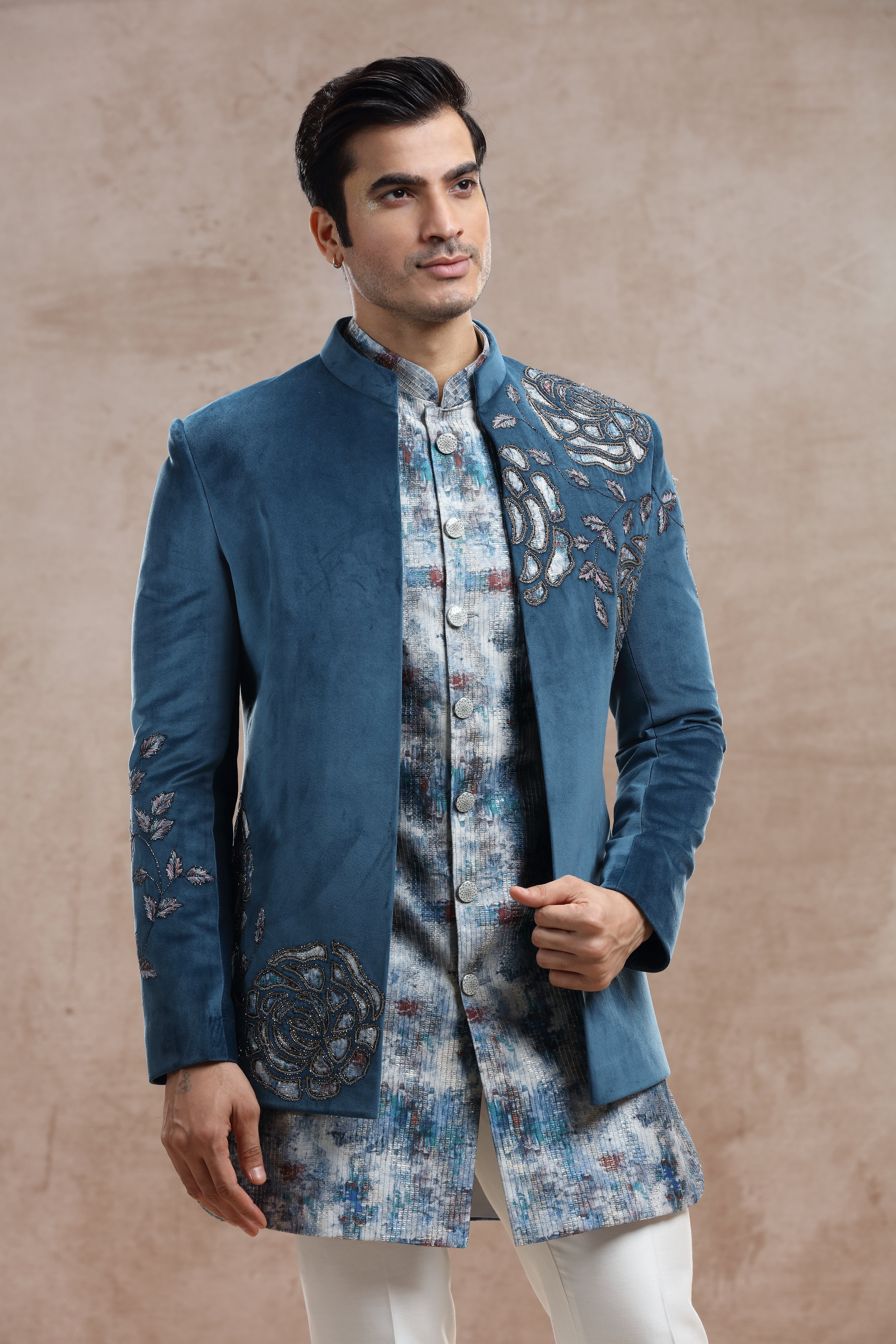 Blue Velvet Indo Western with Applique Work