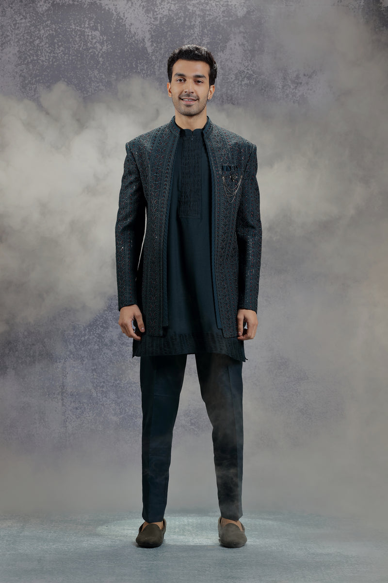 Deep Sea Blue Indowestern Jacket Set with Geometric Embroidery