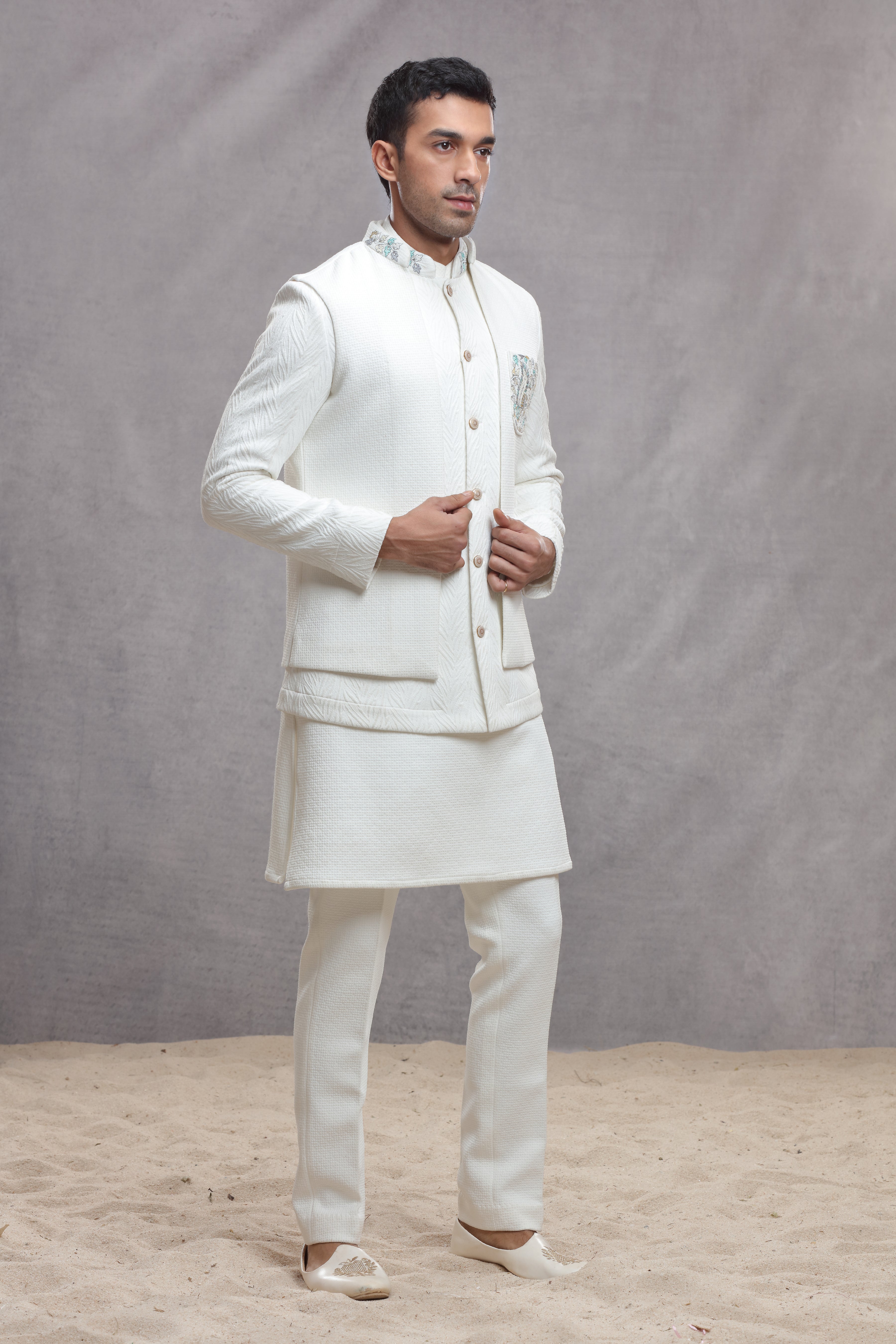 White Silk Indo Western with Textured Fabric & Thread Work