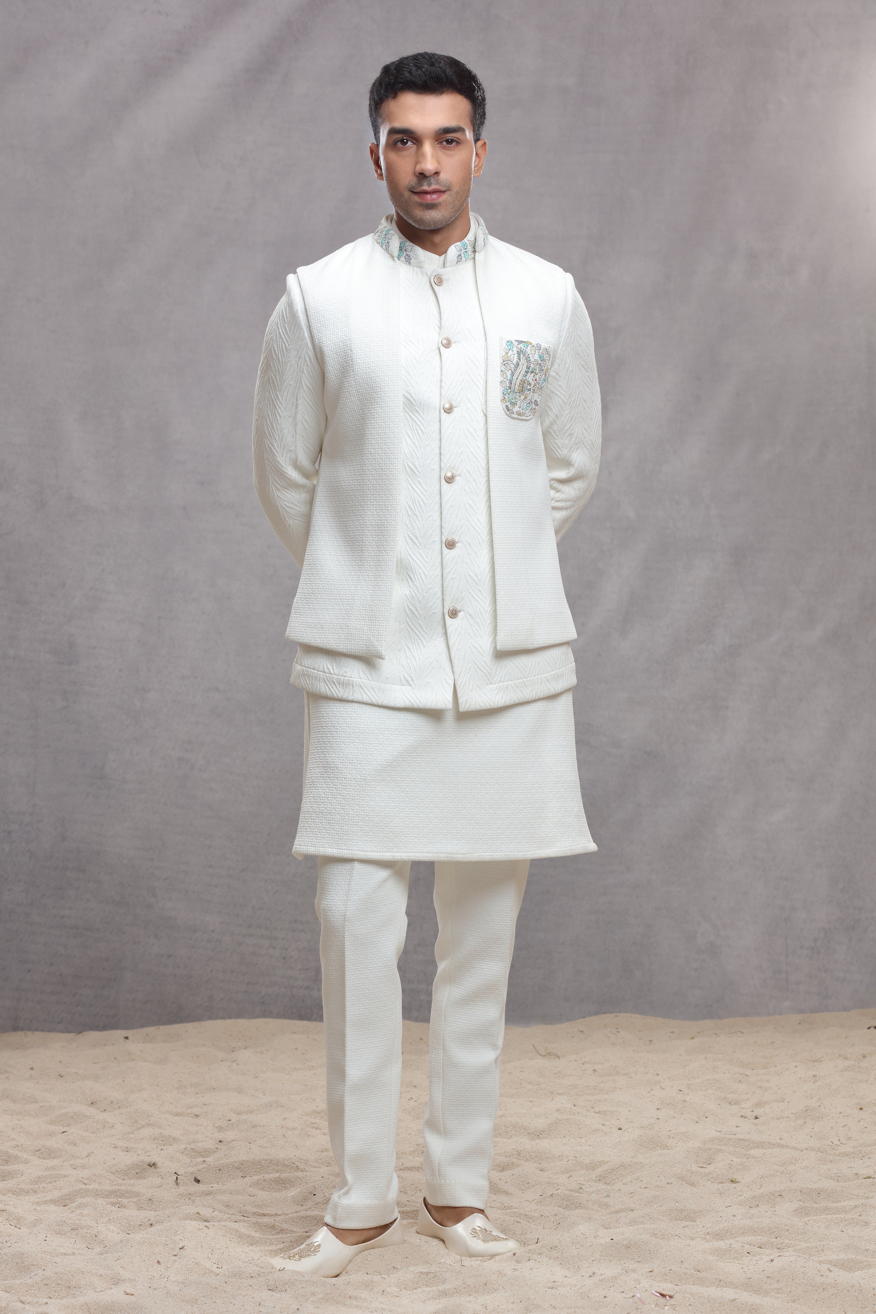 White Silk Indo Western with Textured Fabric & Thread Work