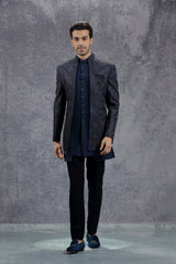 Dark Blue Indowestern Jacket Set with Multi-Colour Embroidery
