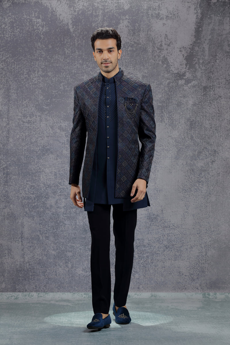 Dark Blue Indowestern Jacket Set with Multi-Colour Embroidery
