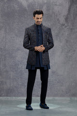 Dark Blue Indowestern Jacket Set with Multi-Colour Embroidery