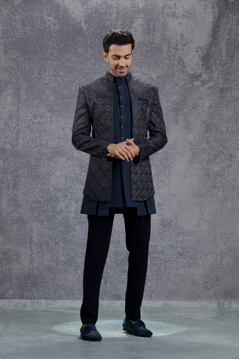 Dark Blue Indowestern Jacket Set with Multi-Colour Embroidery