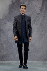 Dark Blue Indowestern Jacket Set with Multi-Colour Embroidery