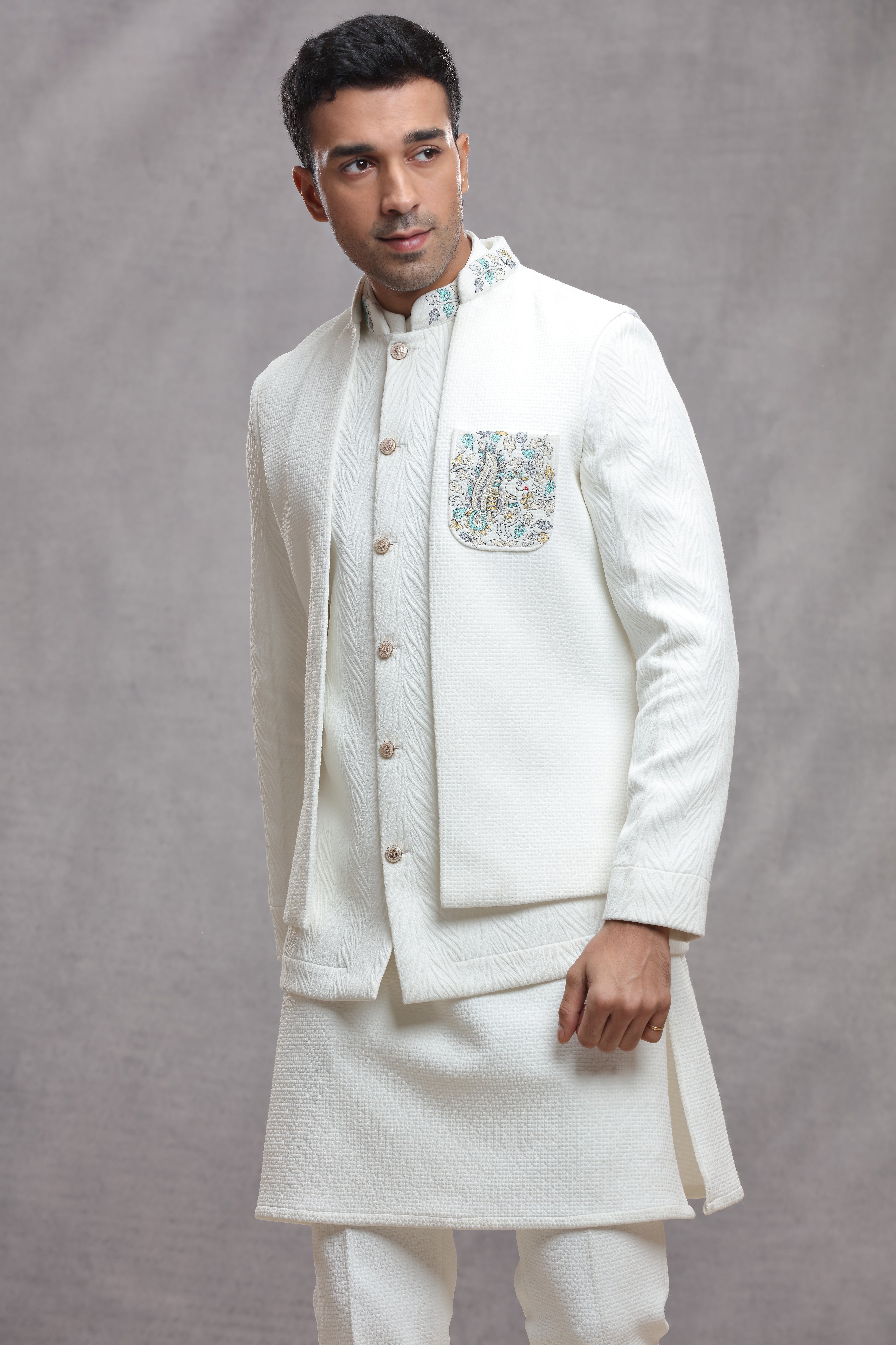 White Silk Indo Western with Textured Fabric & Thread Work