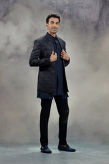 Dark Blue Indowestern Jacket Set with Multi-Colour Embroidery