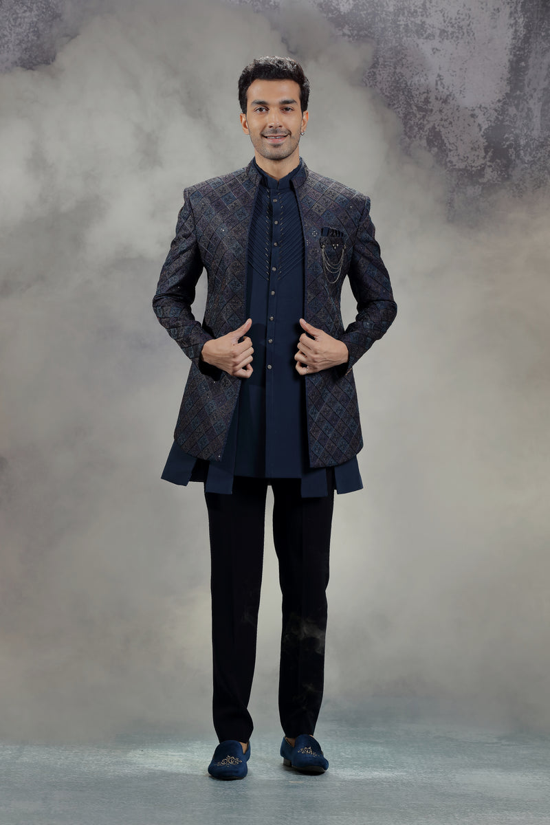 Dark Blue Indowestern Jacket Set with Multi-Colour Embroidery