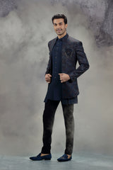 Dark Blue Indowestern Jacket Set with Multi-Colour Embroidery