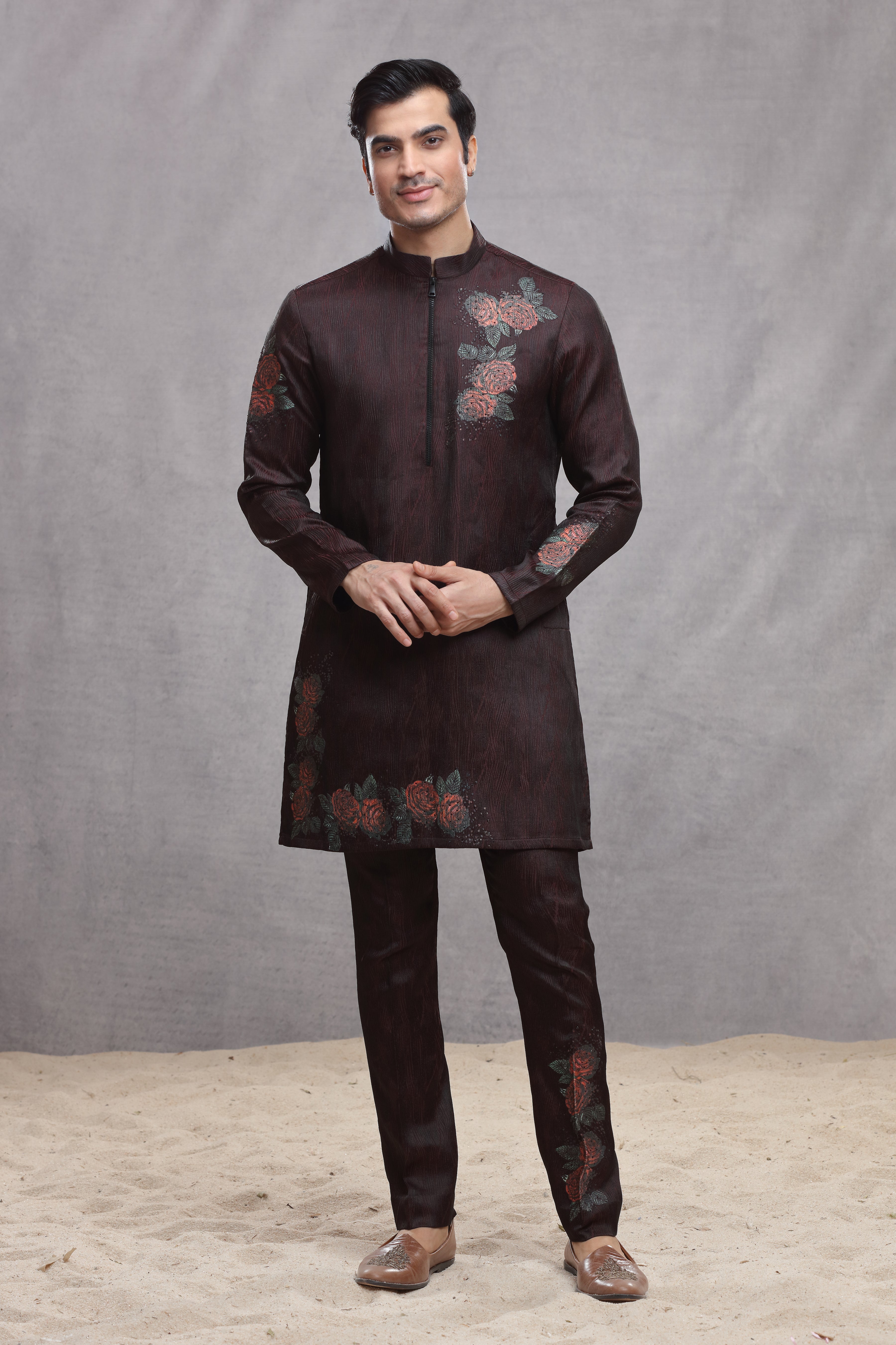 Maroon Silk Indo Western with Hand Paint & Embroidery