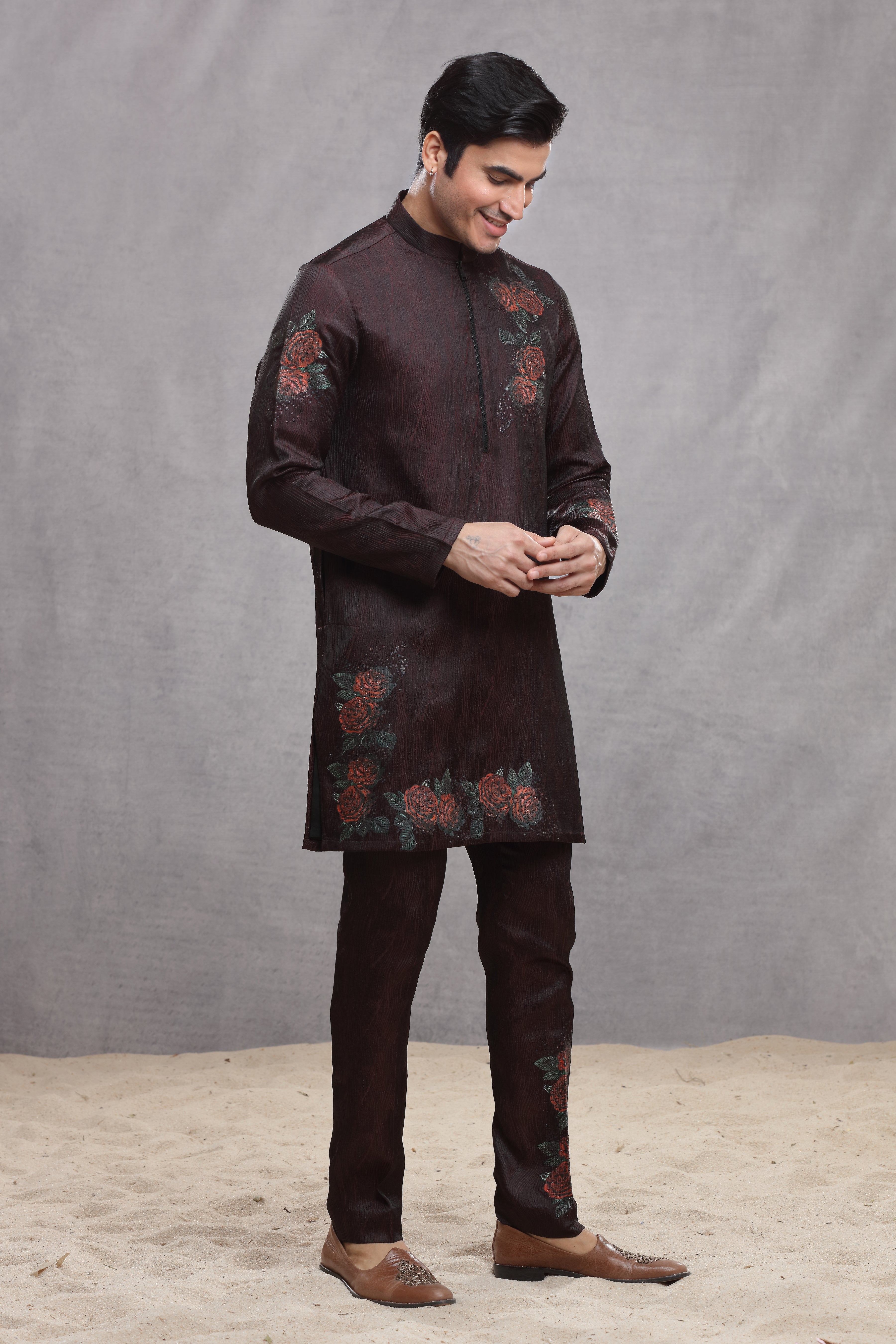 Maroon Silk Indo Western with Hand Paint & Embroidery